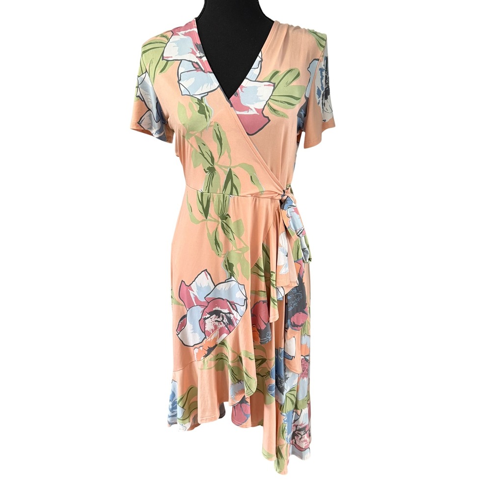 7th Ray Peach Floral Wrap Dress Short Sleeve Ruffle High Low Midi Spring Size M